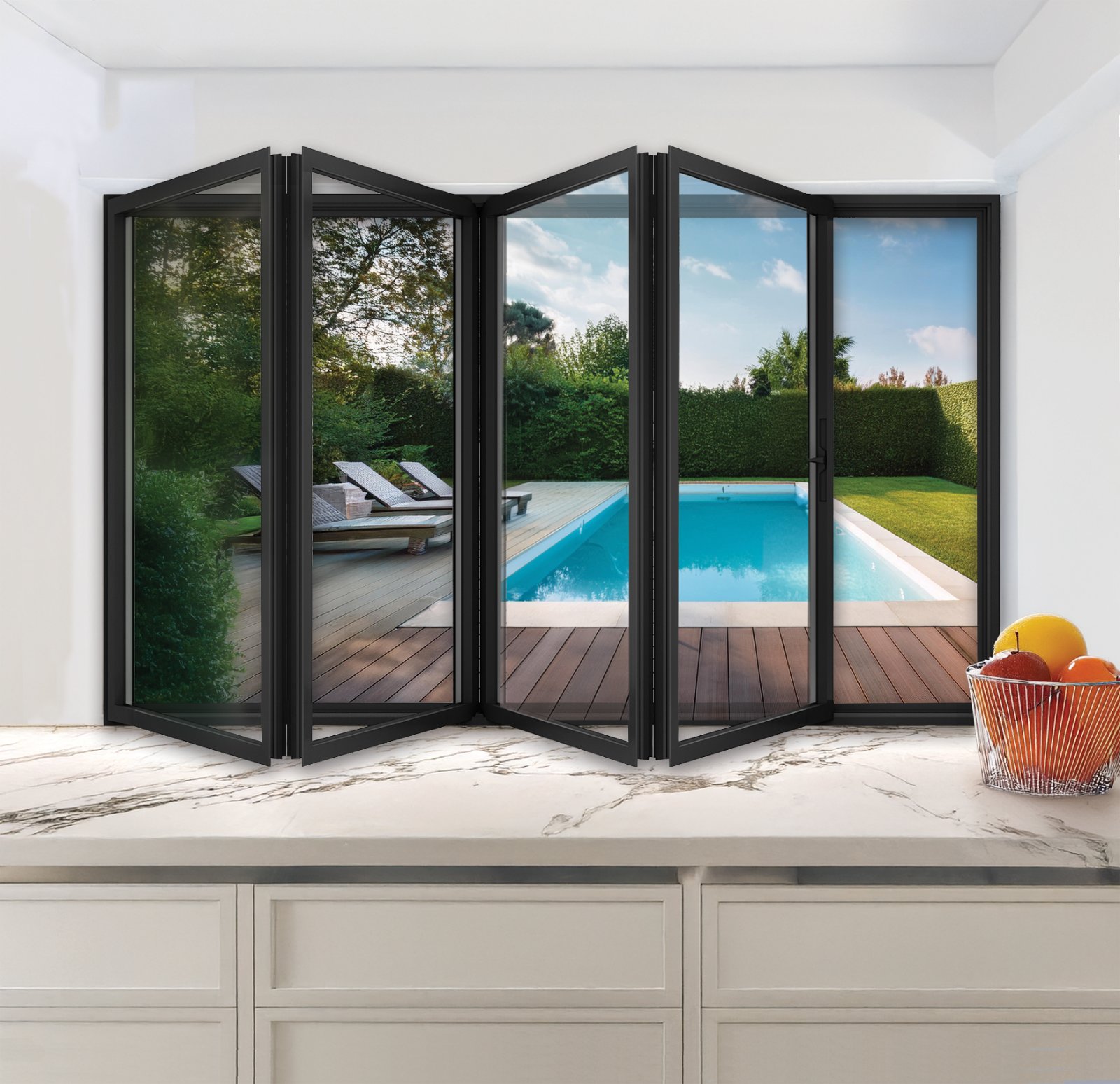 ENNION aluminum bi-fold pass-through window opening to a pool deck