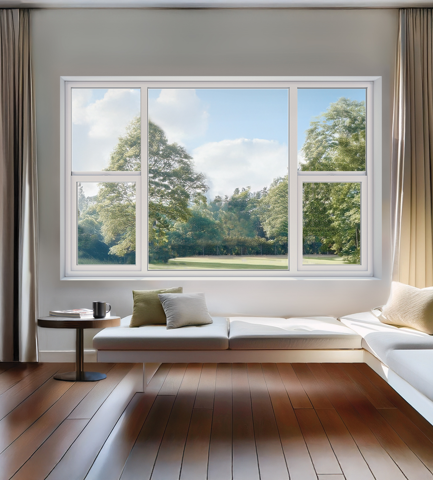 Living room window seat with a large vinyl window