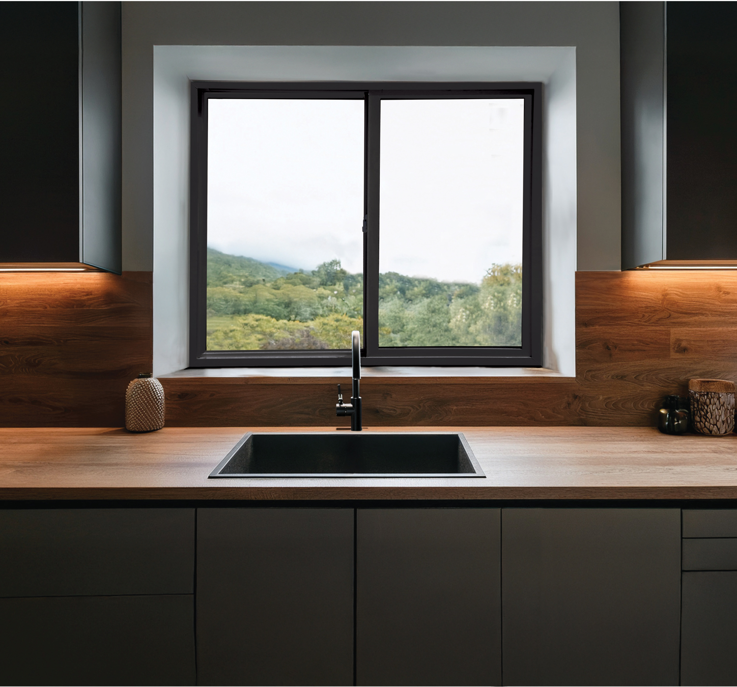 Modern kitchen with a black-framed slider window over the sink