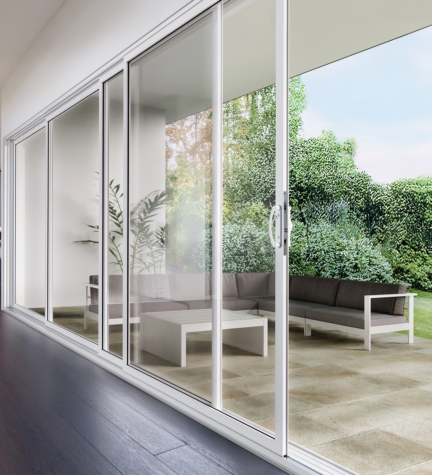 Sliding glass patio doors opening to a garden